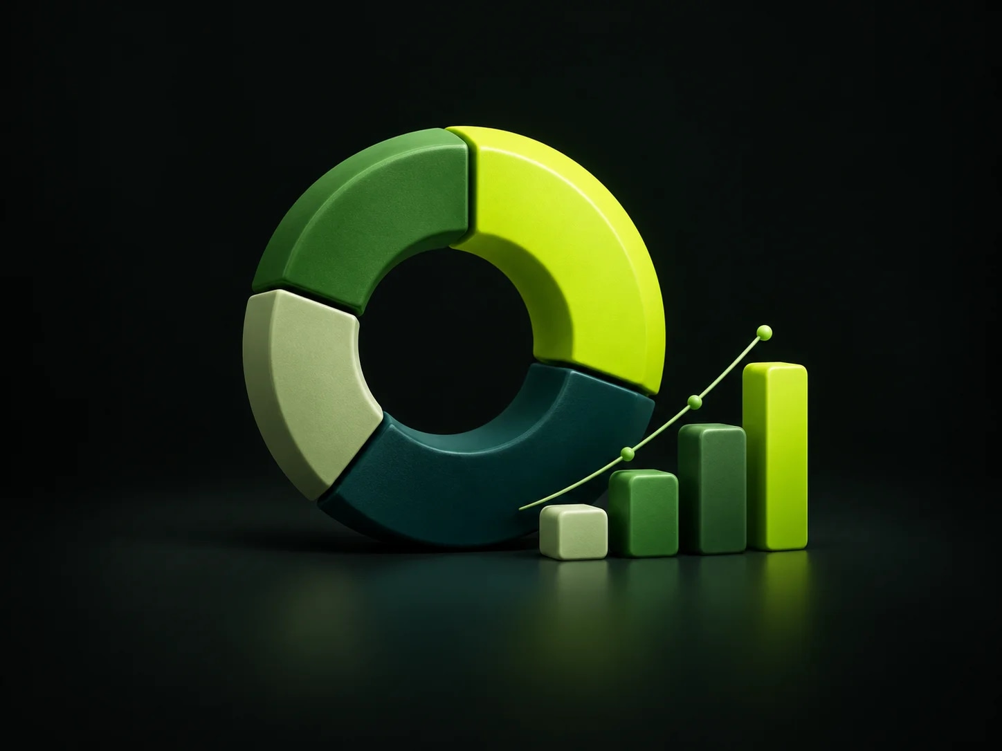 Conceptual analytics illustration with a segmented ring and green chart bars